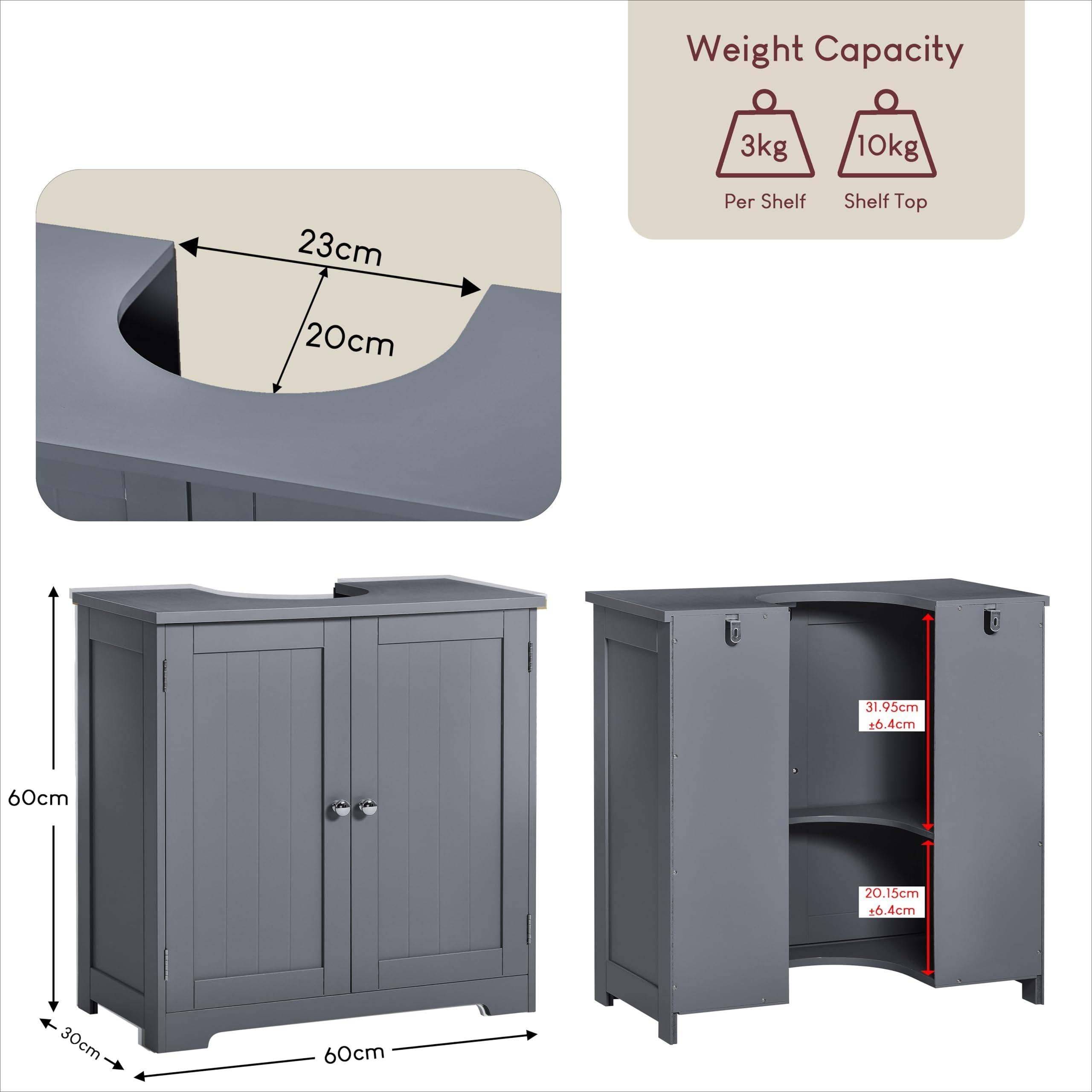 Grey Freestanding 2-Door Under-Sink Cabinet, Space-Saving Storage with Adjustable Shelves, Anti-Tip Kit & Sink Cut-Out, Modern Small Bathroom Unit, H60 x W60 x D30 cm [Plus A Free Gift]