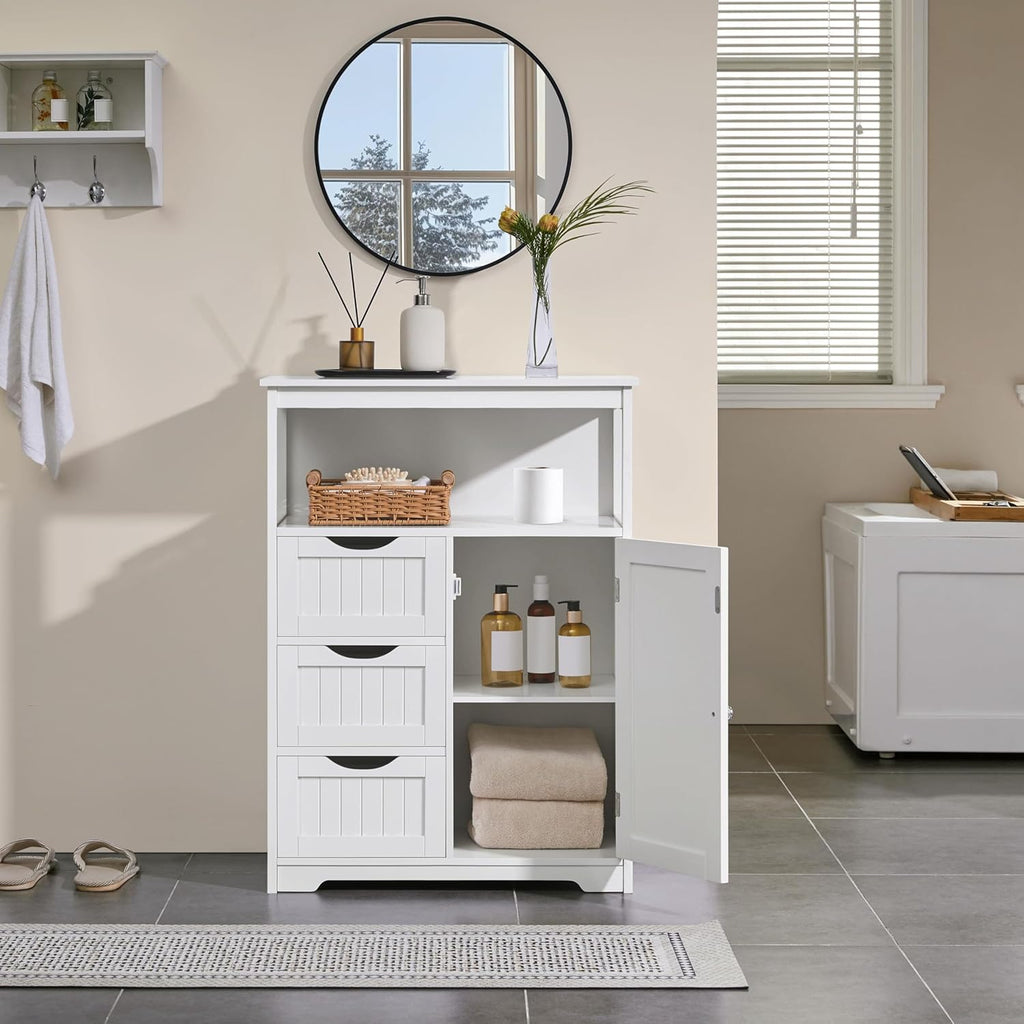 Modern White Freestanding Wooden Storage Cabinet, Accent Floor Organizer with Open Shelf, 3 Drawers & Adjustable Shelving, Multi‑Purpose Sideboard for Bathroom Living Room Kitchen Entryway