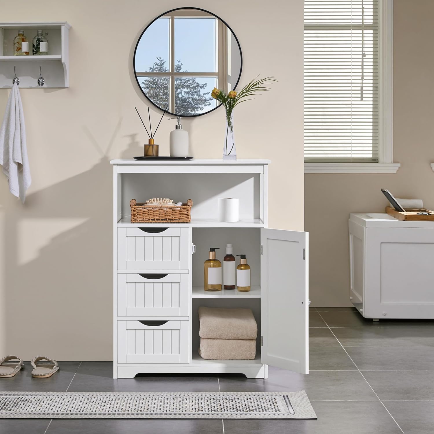 Modern White Freestanding Wooden Storage Cabinet, Accent Floor Organizer with Open Shelf, 3 Drawers & Adjustable Shelving, Multi‑Purpose Sideboard for Bathroom Living Room Kitchen Entryway