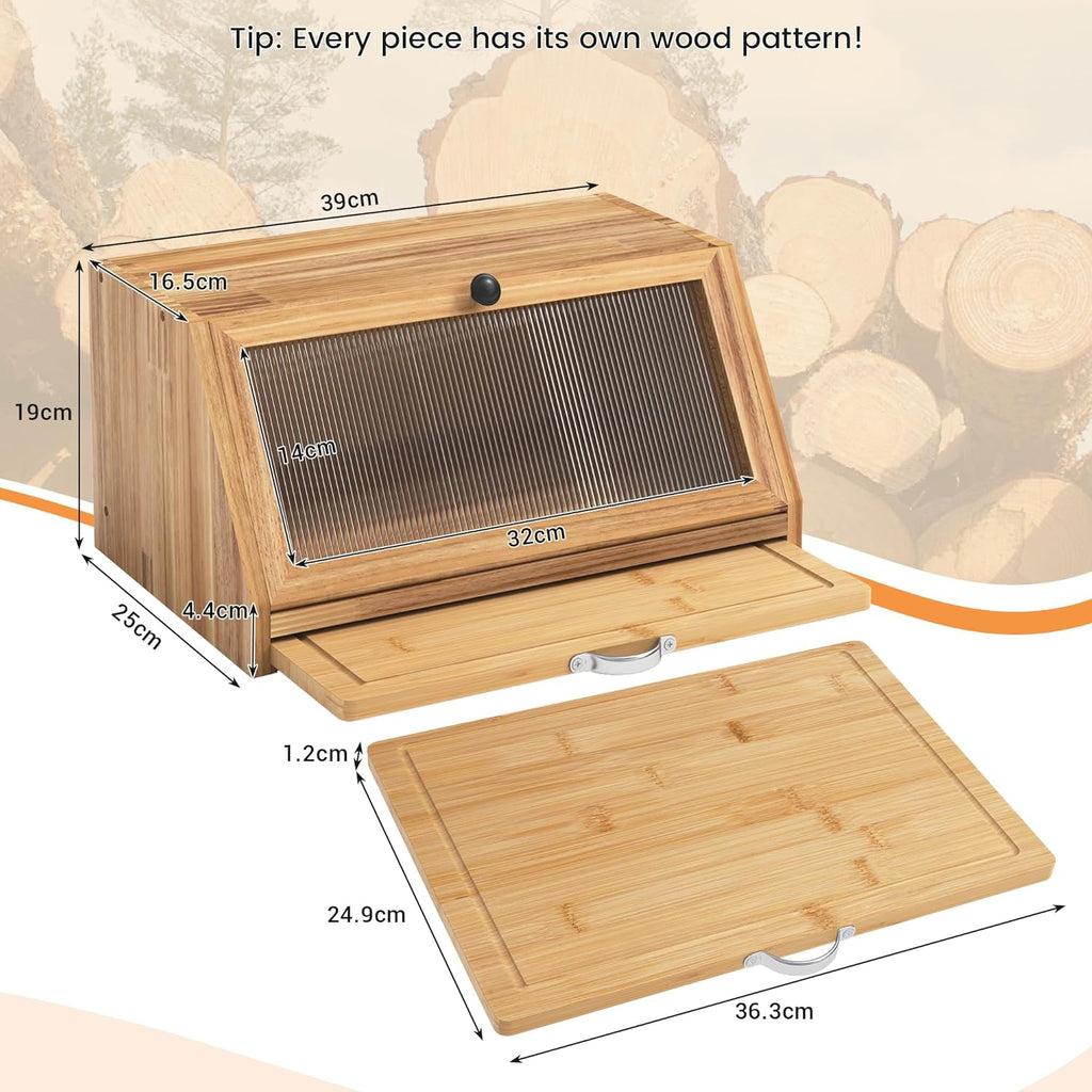 Bread Box with Cutting Board, Wooden Storage Box, Wood Bread Basket Boxes Storage Bread Box for Bread, 39x25x20 (LxWxH) cm