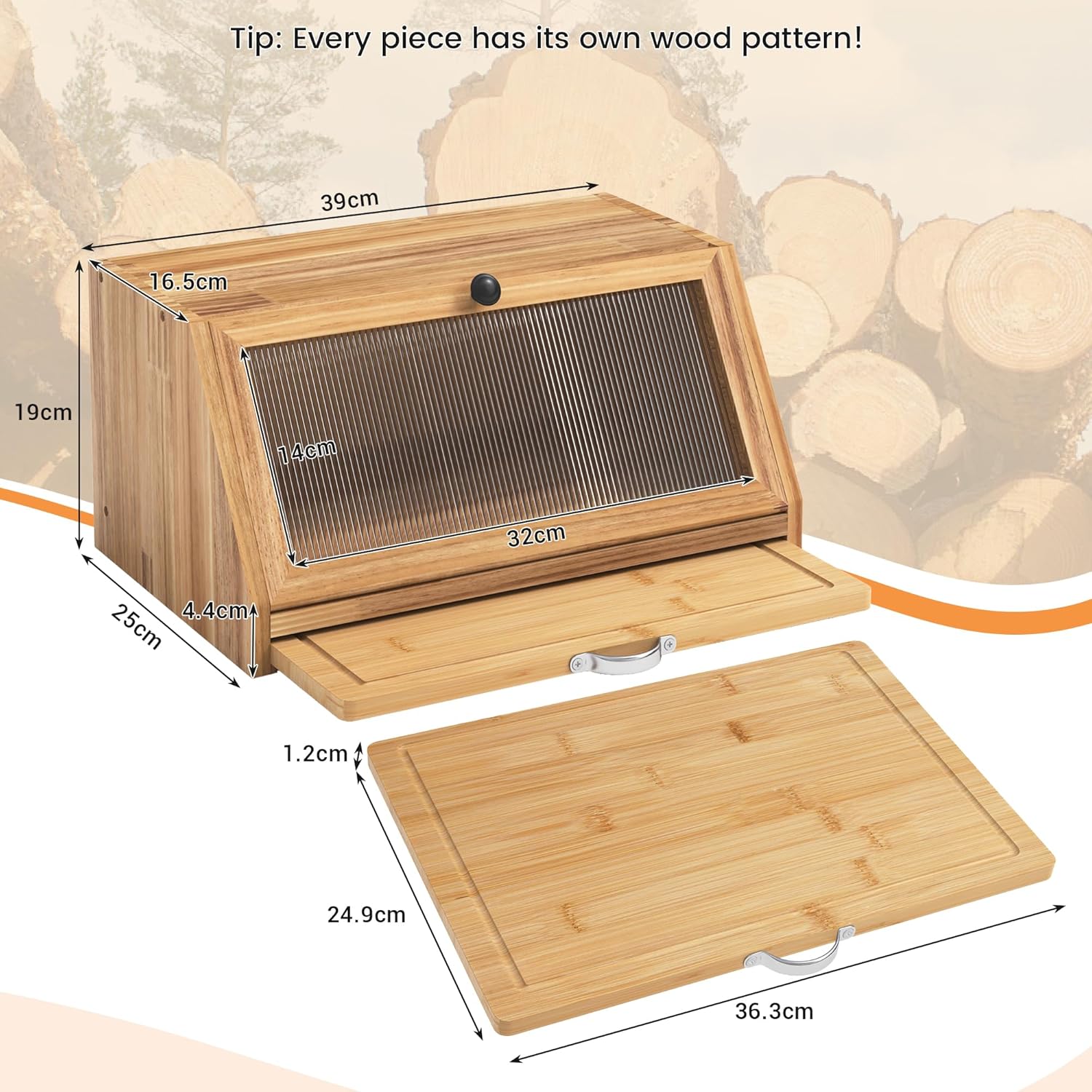 Bread Box with Cutting Board, Wooden Storage Box, Wood Bread Basket Boxes Storage Bread Box for Bread, 39x25x20 (LxWxH) cm