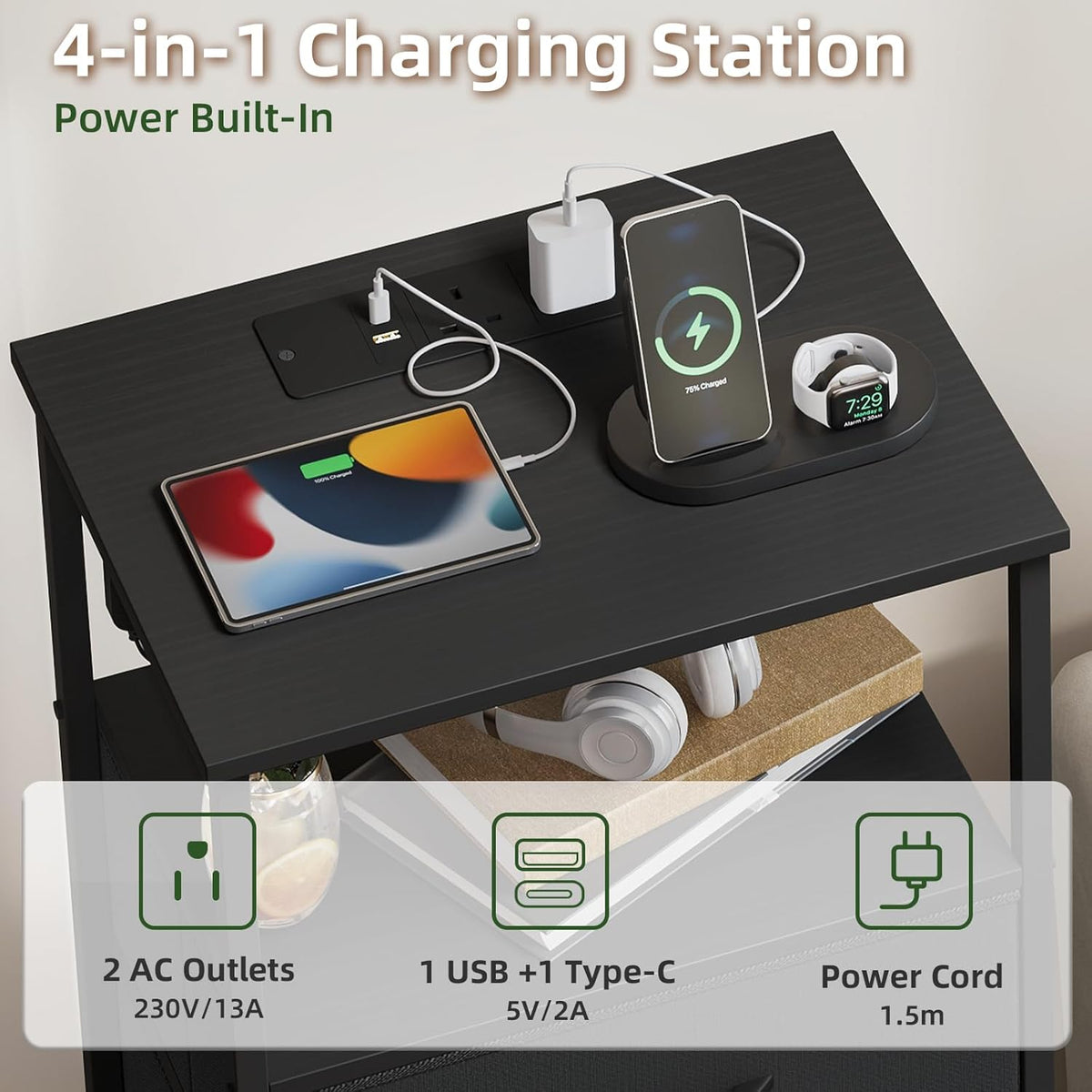 Multi-Functional USB Charging Chest with LED Light - 3 Drawer Bedside Table, Bedroom Storage Cabinet with 2 Outlets & 2 USB Ports, Charging Station for Dorm, Kids Room, Nightstand, Closet Organizer, Black [Plus A Free Gift]