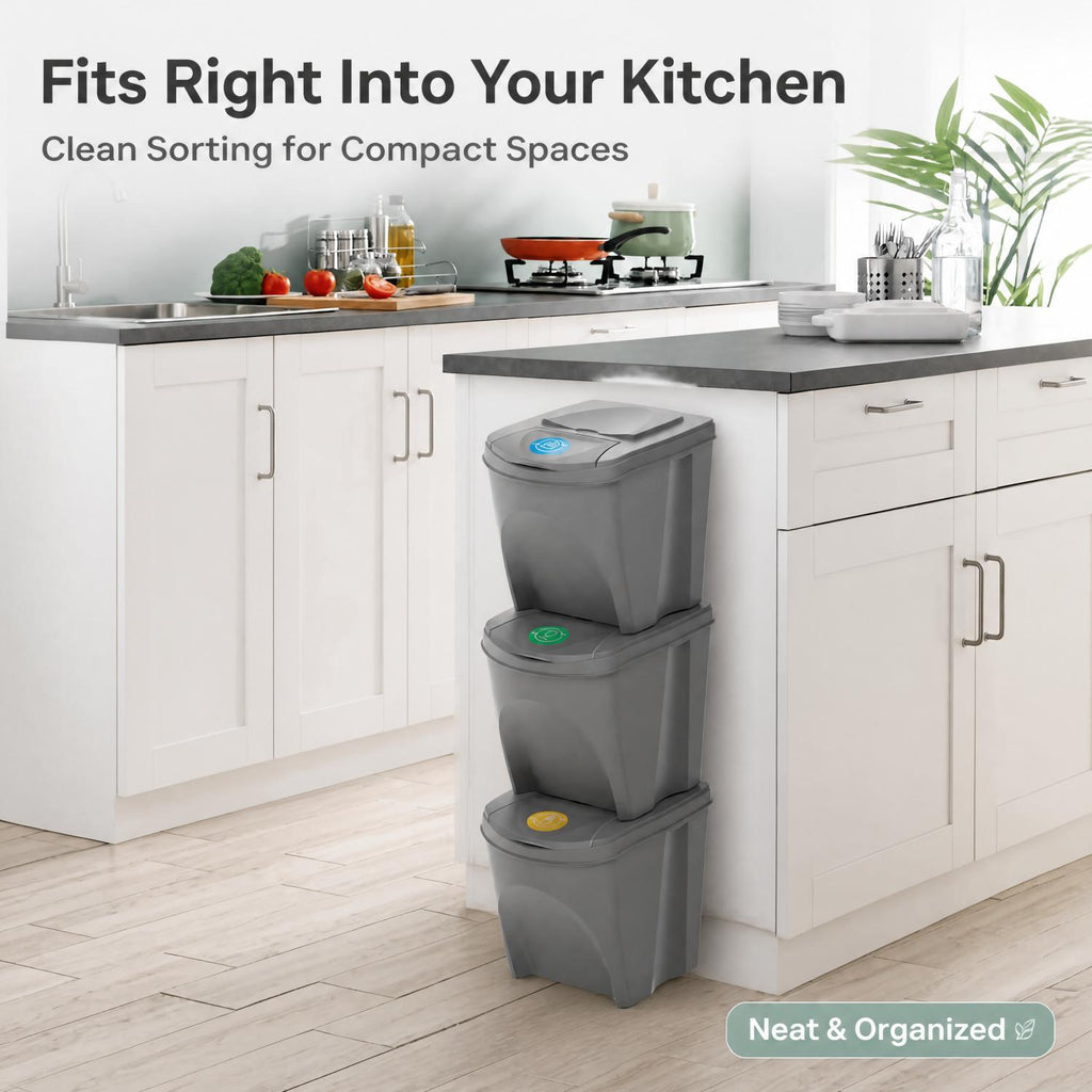 3‑Pack Stackable Recycling Bins – 25L Each with Secure Lids, Colour‑Coded Sticker Labels, Space‑Saving Design for Kitchen, Office, or Garden Waste – Total 75L Storage Capacity in Sturdy Grey Plastic