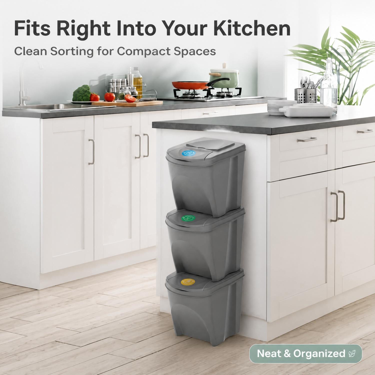3‑Pack Stackable Recycling Bins – 25L Each with Secure Lids, Colour‑Coded Sticker Labels, Space‑Saving Design for Kitchen, Office, or Garden Waste – Total 75L Storage Capacity in Sturdy Grey Plastic