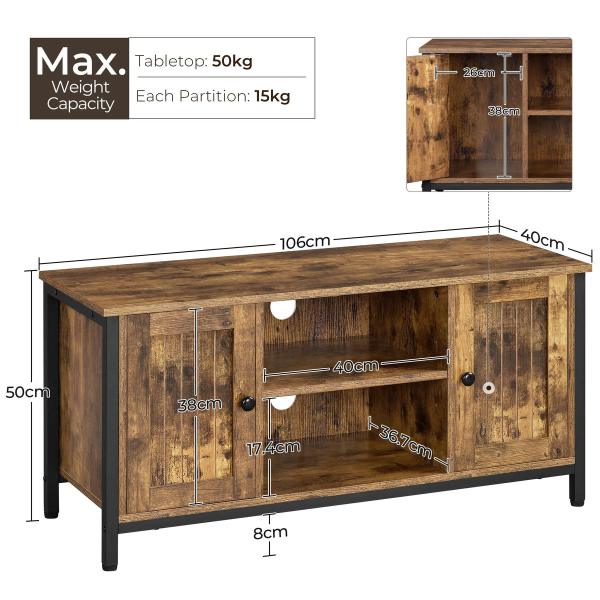 Industrial Wood TV Stand Cabinet for 50 Inch TV, Media Console with 2 Closed Doors & Height‑Adjustable Central Shelves, Multi‑Purpose TV Table for Living Room, Dining Room & Bedroom Storage
