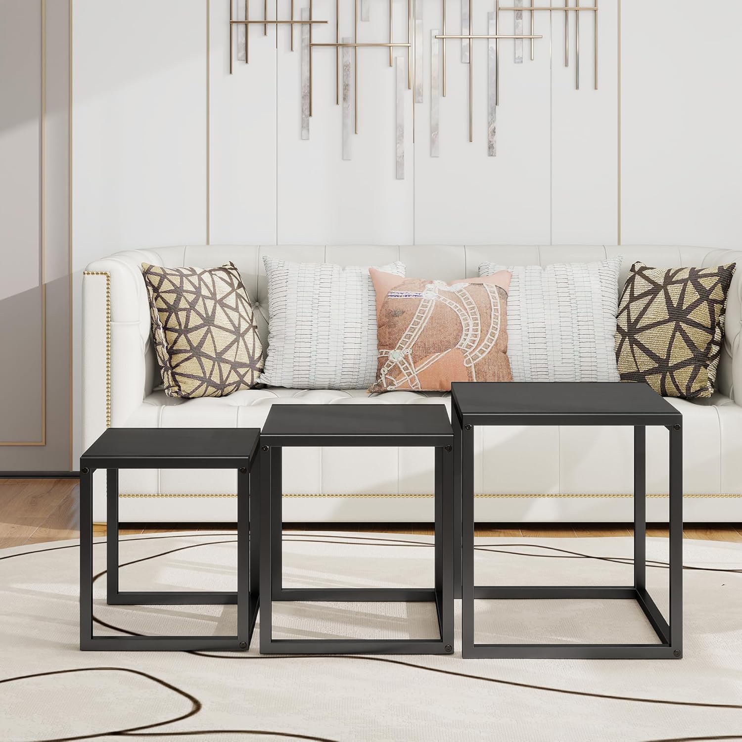 Nesting Coffee Table - Industrial Square End Tables with Metal Frame for Living Room, Bedroom & Office, Brown