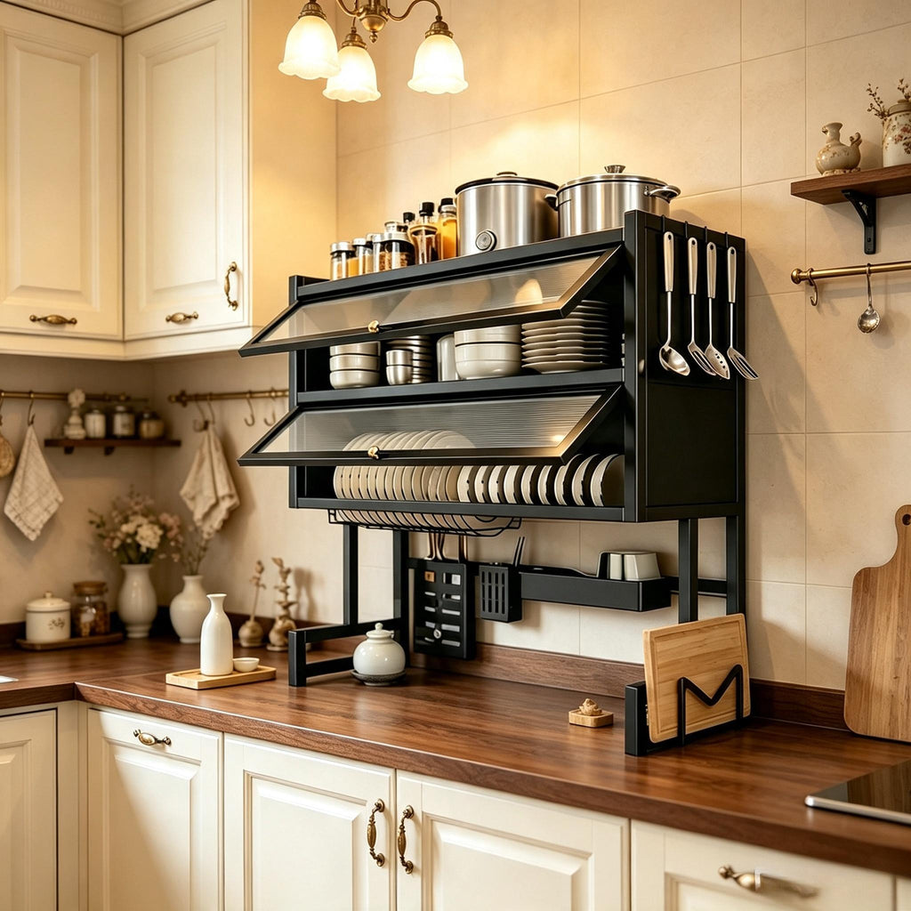 2‑Tier Over‑The‑Sink Dish Drying Rack, Black Carbon Steel Kitchen Counter Organizer with Acrylic Dust‑Proof Cabinet Doors, Dish Shelf & Spice Storage, Space‑Saving Sink Shelf, Size 95×28×90cm