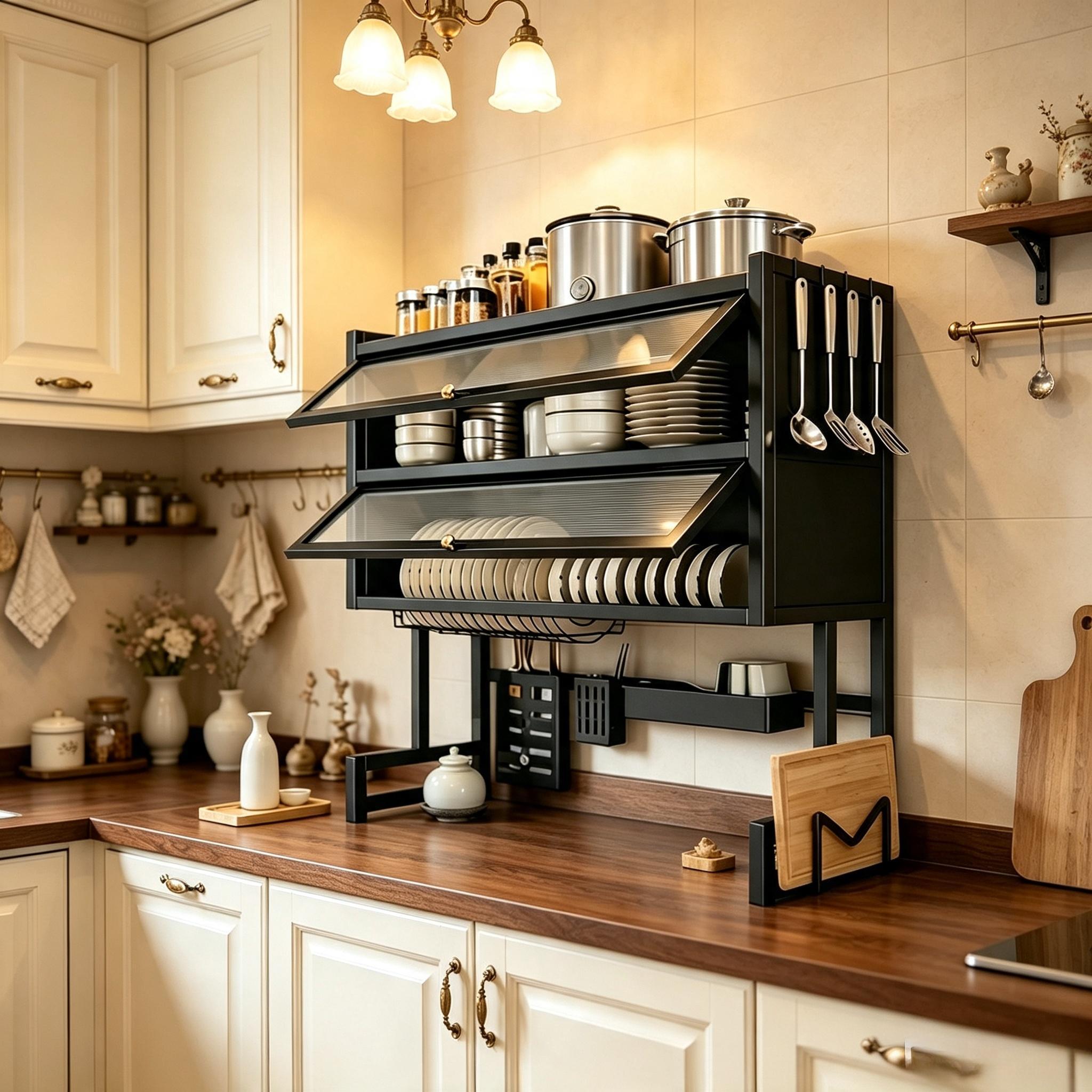 2‑Tier Over‑The‑Sink Dish Drying Rack, Black Carbon Steel Kitchen Counter Organizer with Acrylic Dust‑Proof Cabinet Doors, Dish Shelf & Spice Storage, Space‑Saving Sink Shelf, Size 95×28×90cm
