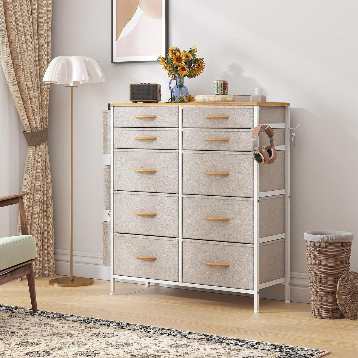 White Tall 10‑Drawer Fabric Dresser with 3 Side Pockets, Chest of Drawers with MDF Wood Top & Metal Frame, Anti‑Tip Storage Organizer for Bedroom Closet Living Room Dorm Office