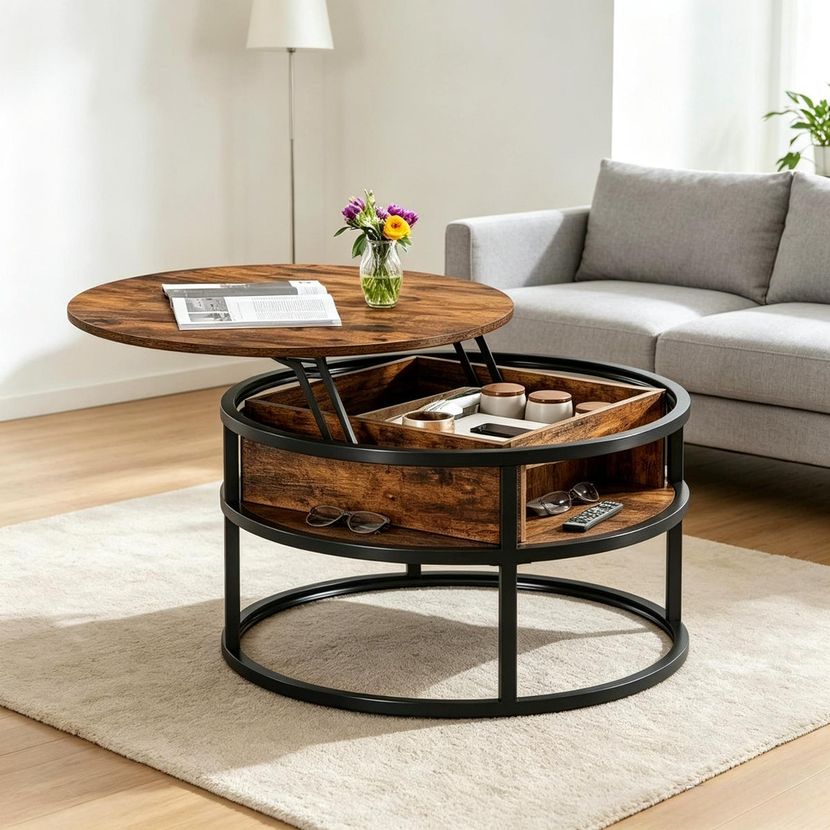 Round Lift Top Coffee Table for Living Room, Rustic Wooden Center Table with Hidden Storage Compartment & Side Open Shelves, Multifunctional Lift‑Up Dining Work Table for Small Space Apartment Home Office