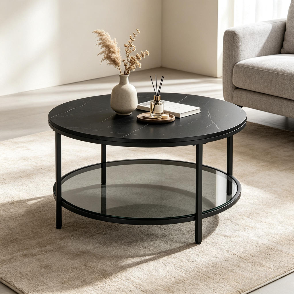 Coffee Table, Living Room Table, Sofa Cocktail Table Faux Marble Round, Tempered Glass Storage Shelf, Easy to Assemble, Modern Style, for Living Room