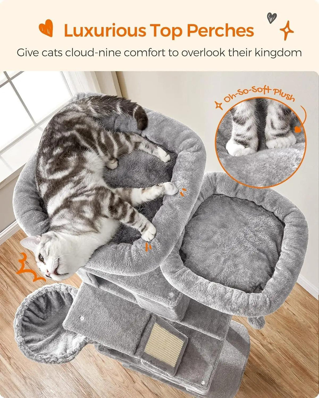 Tall Large Cat Tree 206 cm, Multi‑Level Plush Cat Tower with 13 Sisal Scratching Posts, Scratching Ramp, 2 Perches, 2 Cat Caves, Basket & Hammock, Interactive Pom‑pom Toys for Indoor Multi‑Cat Households