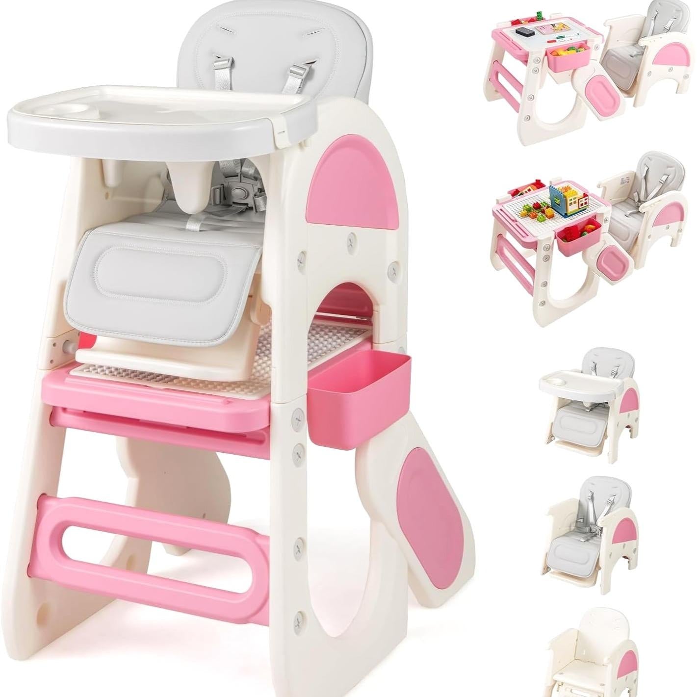 8‑in‑1 Convertible Baby High Chair, High Chairs for Babies and Toddlers with Adjustable Backrest, Removable Double Tray, Storage Boxes & 5‑Point Safety Harness, Toddler Table Chair Set for Feeding