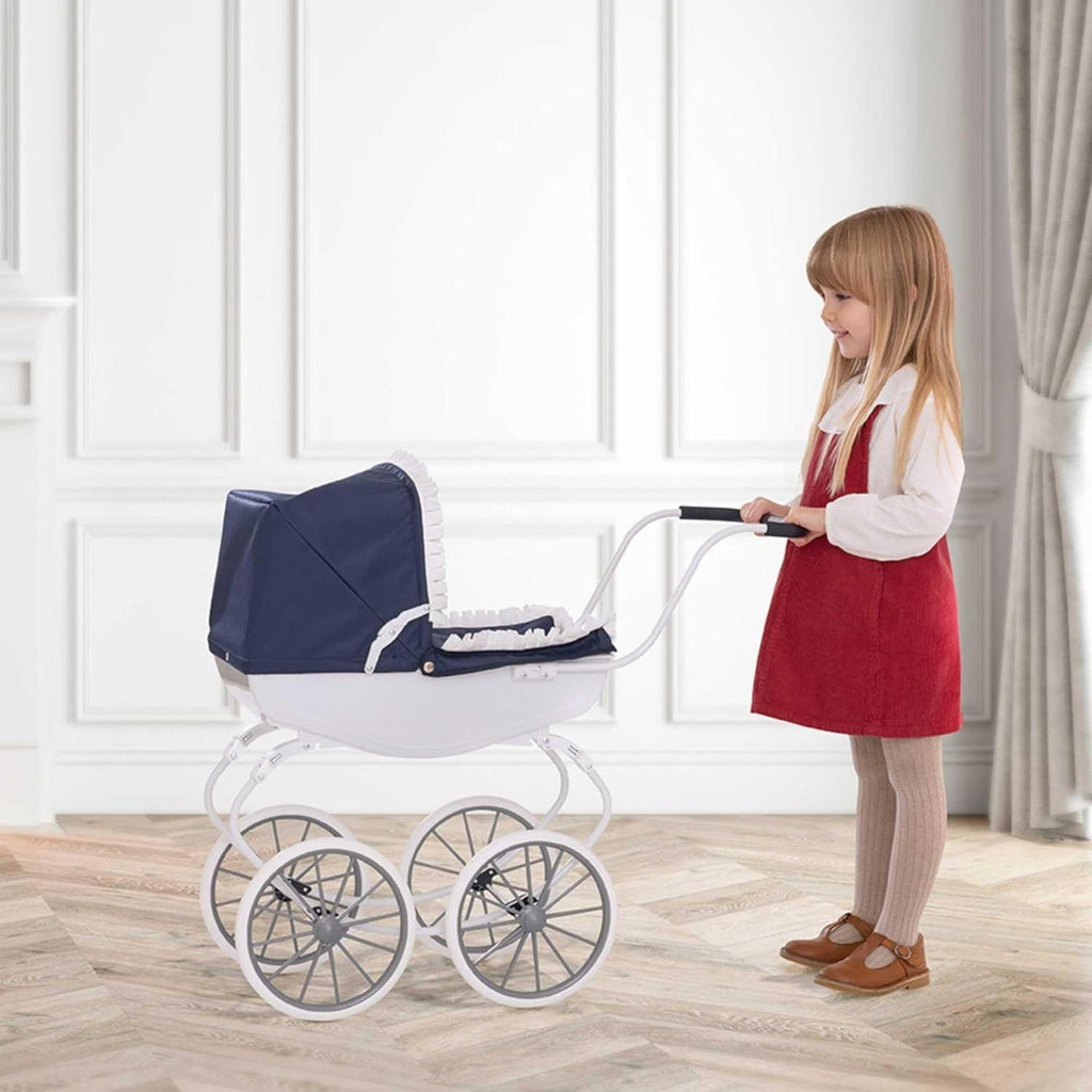 【NS】Traditional English Carriage Doll Pram - Heirloom Quality Push Along Toy with White Wheels - For Ages 3+ | Collector's Gift
