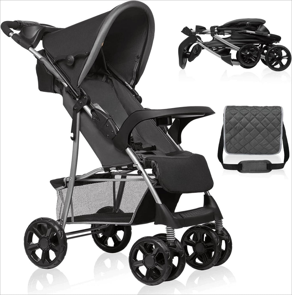 Foldable Lightweight Travel Baby Stroller, Compact City Stroller for Toddlers 6‑36 Months (Max 15kg), Reclining Lie‑Flat Seat with Adjustable Footrest, XXL All‑Weather Canopy, 5‑Point Harness & Shock‑Absorbing Wheels, Storage Basket, Detachable Tray and P