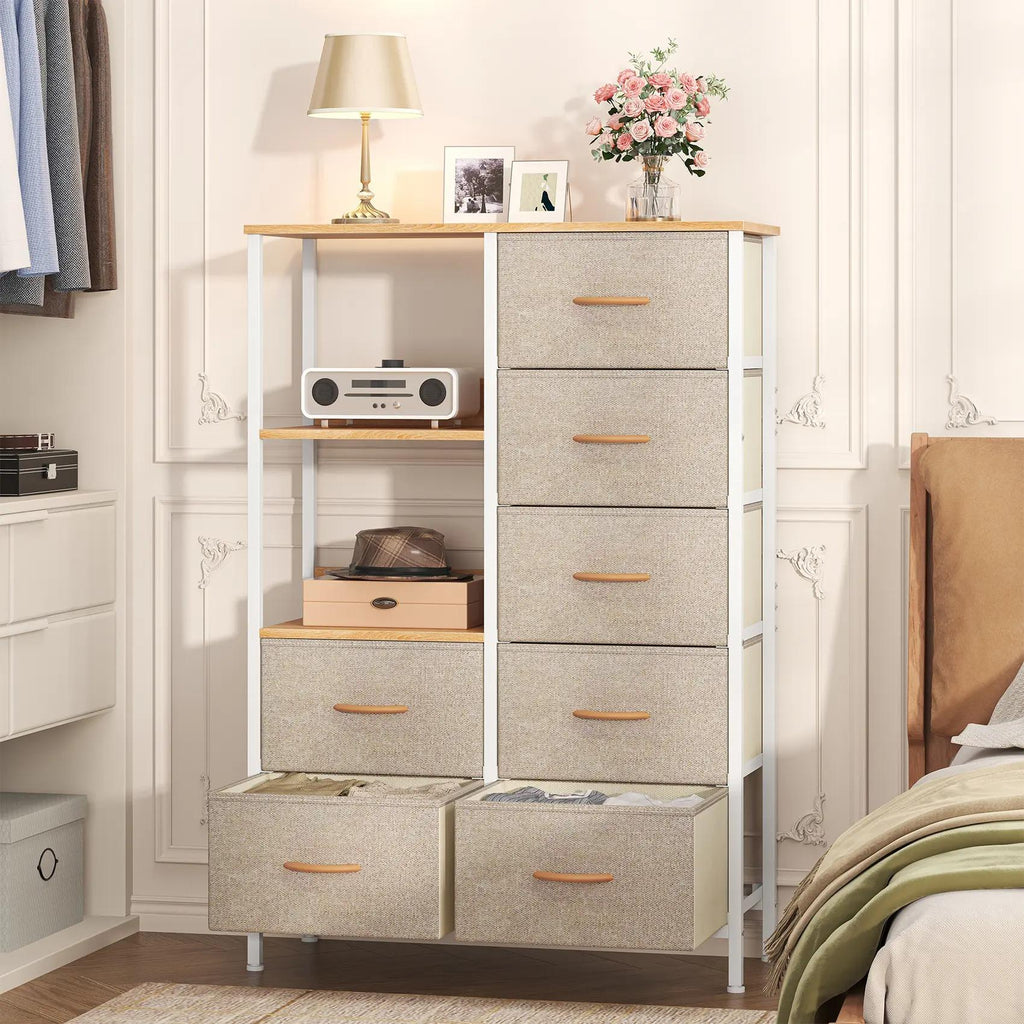 7-Drawer Fabric Storage Tower with Steel Frame & Wood Top Easy-Pull Handles for Bedroom Hallway Entryway & Closet Spacious Multi-Zone Storage Modern Aesthetic Lightweight & Easy to Relocate