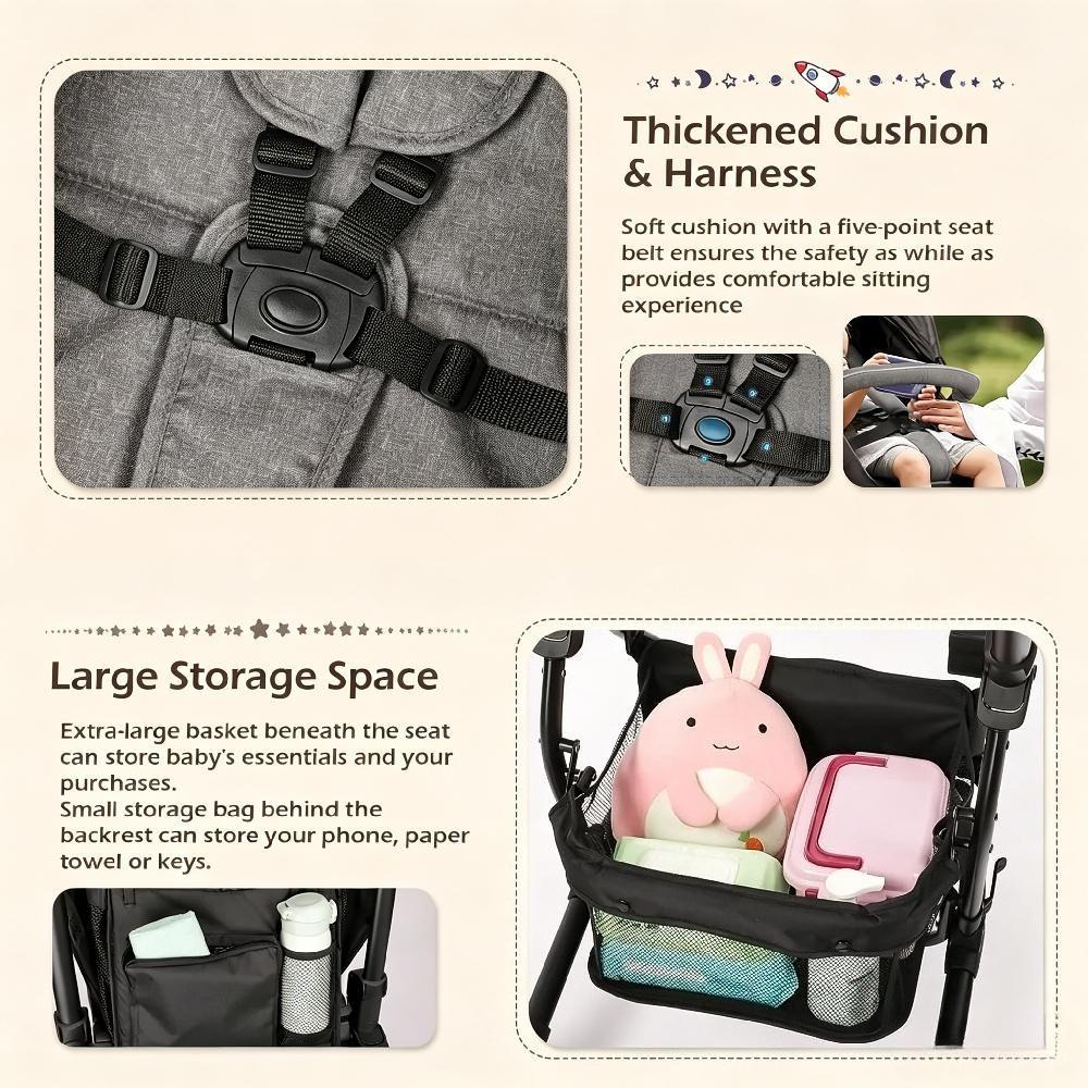 Lightweight Foldable Pushchair Travel with Rain Cover and Footmuff, Carrycot and Reversible Seat, Suitable from Birth to 3 Years with Lie-Flat Function [Plus A Free Gift]