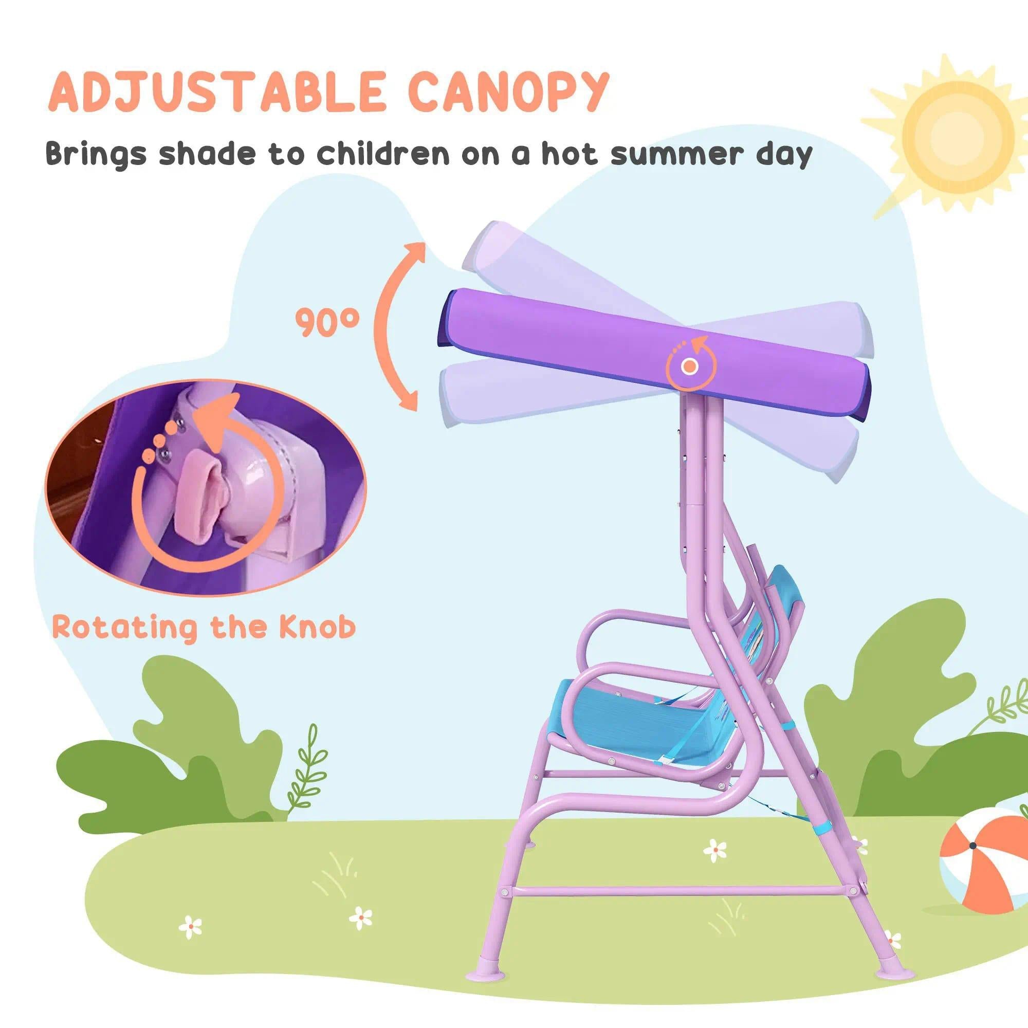 Fairy Themed Double Kids Swing Chair with Adjustable Canopy & Safety Seat Belts, 2-Seat Outdoor Garden Swing Bench for Patio Porch Backyard, Suitable for Boys Girls Ages 3-6 Years