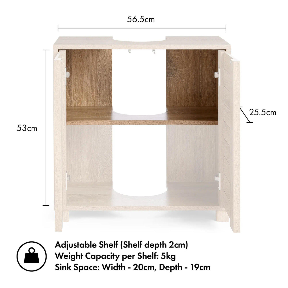 `Freestanding Under‑Sink Bathroom Cabinet, Oak Wood‑Effect Handleless Storage Cupboard with 2 Adjustable Inner Shelves, Multi‑Purpose Below Sink Organizer for Bathroom Vanity`