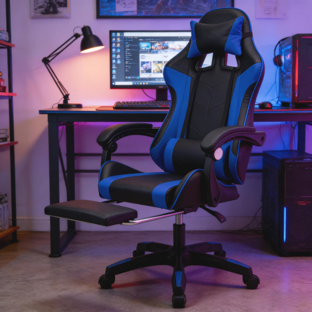 Ergonomic Gaming Chair with Footrest, High Back Racing Style Recliner, PU Leather Computer Chair with 360° Swivel, Adjustable Backrest, Lumbar Support & Headrest Pillow, Durable Comfort for Adults