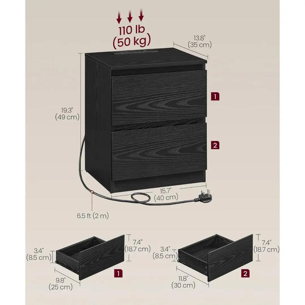 VASAGLE Nightstands with Charging Station, Bedside Tables with 2 Drawers, Side End Tables, 2 AC Outlets, 2 USB Ports, for Living Room, Bedroom, Study, Modern
