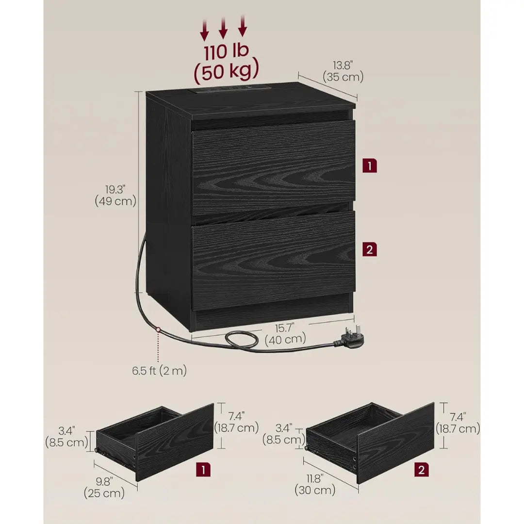 VASAGLE Nightstands with Charging Station, Bedside Tables with 2 Drawers, Side End Tables, 2 AC Outlets, 2 USB Ports, for Living Room, Bedroom, Study, Modern