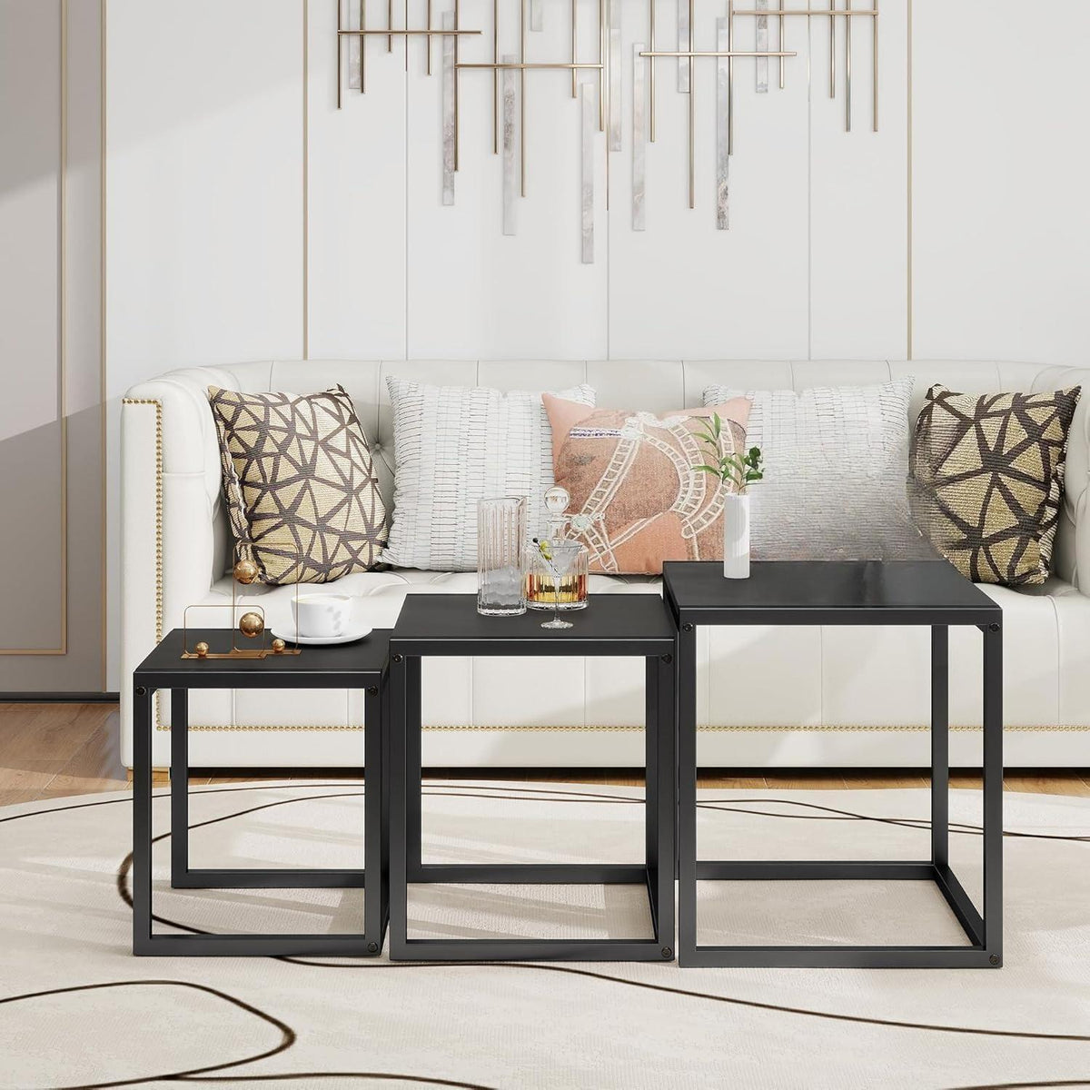 Nesting Coffee Table - Industrial Square End Tables with Metal Frame for Living Room, Bedroom & Office, Brown