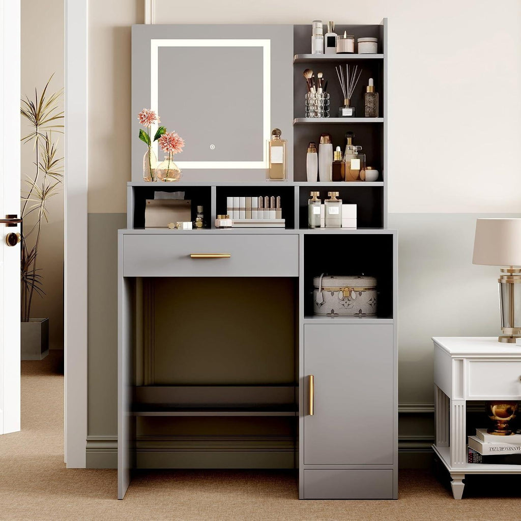 Modern Dressing Table, Vanity Desk with LED Lighted Mirror & Drawers, Touch‑Control 3 Color Modes Brightness Adjustable Makeup Table, Large Open Storage Shelves Cabinet, Cosmetic Vanity Desk for Bedroom
