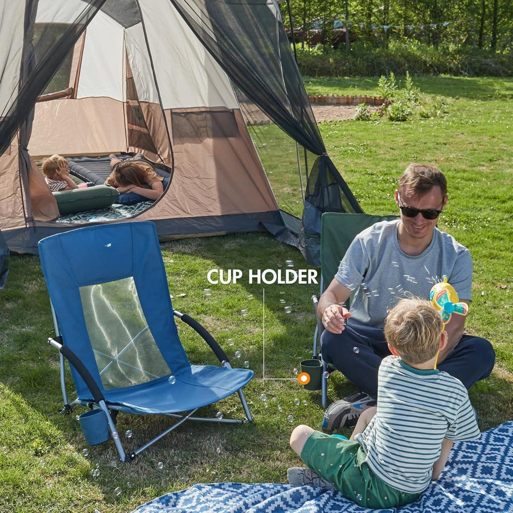 CZHMBM Folding Beach Chairs Low Lightweight Portable for Adults Foldable Beach Seat Camping Festival Picnic Deck Chair Outdoor Collapsible with Cupholder Mesh Back Padded Armrests Supports 150KG