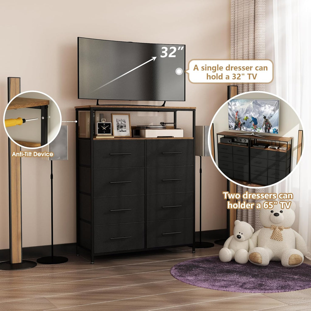 【NS】Dresser for Bedroom with 8 Fabric Drawers, Chest of Drawers, Tall Storage Organizer Unit with 2-Layer Shelves, TV Stand with Wooden Top and Sturdy Metal Frame (Black)