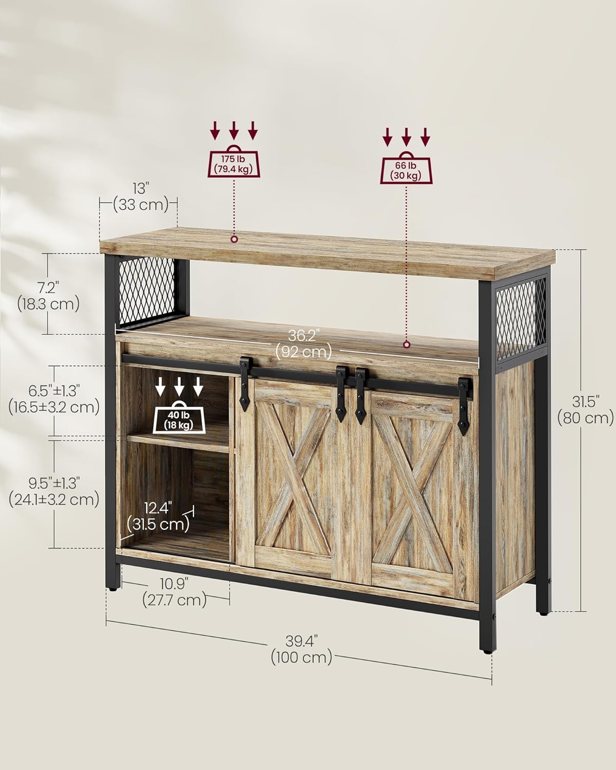 Rustic Wooden Sideboard Buffet Cabinet, Sliding Barn Doors Storage Credenza with Adjustable Shelves & Anti‑Tip Kit, Multipurpose Furniture for Kitchen Living Room Hallway