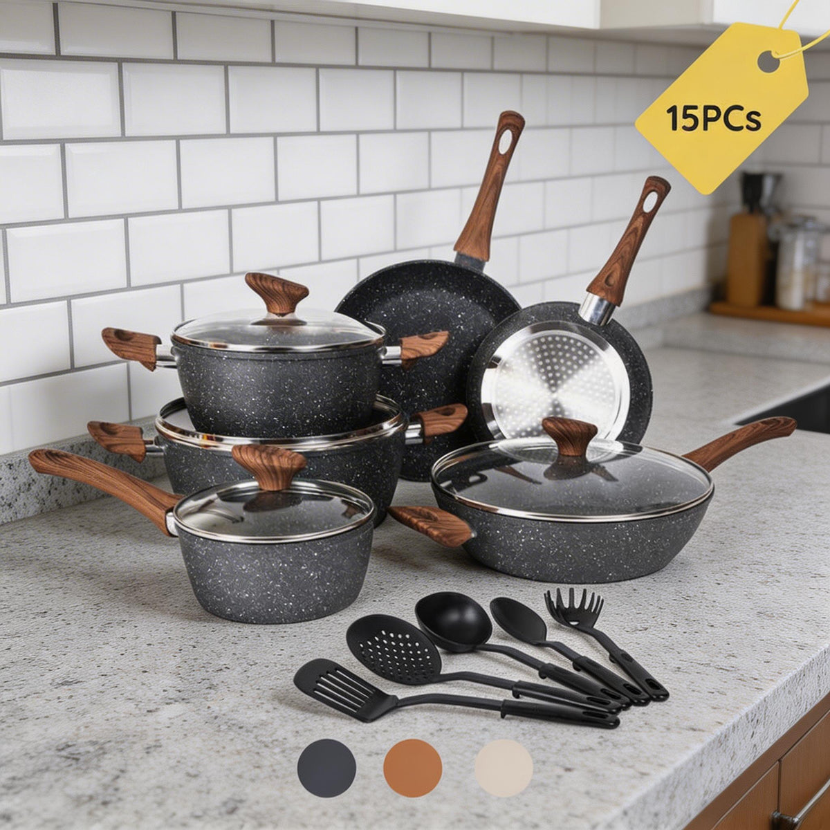 15‑Piece Nonstick Cookware Set – Granite Ceramic Coating for Effortless Food Release & Easy Cleaning, Induction‑Compatible Reinforced Base, Heat‑Insulated Wood‑Grain Handles, Includes 5 Pots, 4 Lids & 6 Utensils – Ideal for Daily Home Cooking