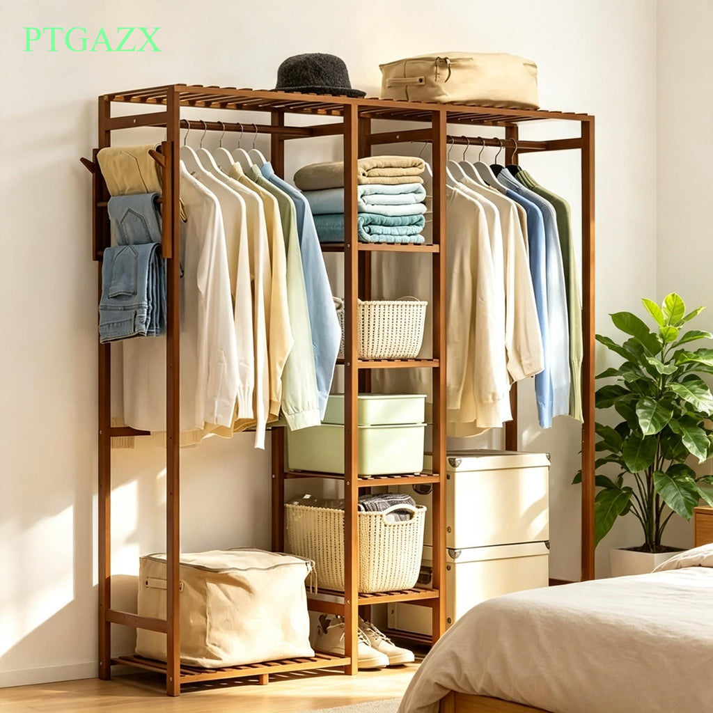Freestanding Wood Open Garment Rack, Multi‑Storage Clothes Rack with 2 Hanging Rods, Trouser Holder & Multi‑Tier Shelves, Clothing Organizer for Bedroom Entryway Dressing Room
