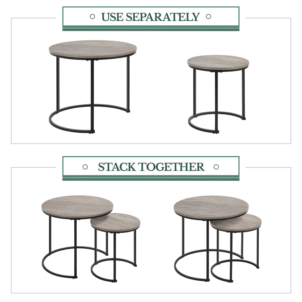 Grey Round Nesting Coffee Tables Set of 2, Faux Wood Grain Top, Scratch & Water Resistant, Sturdy Iron Frame, 40kg Load Capacity, Space-Saving Design for Living Room [Plus A Free Gift]