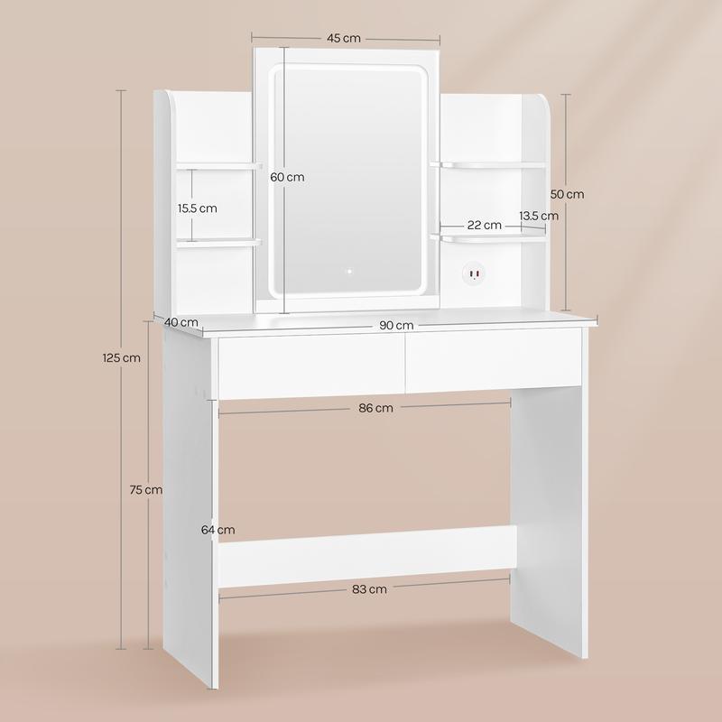 【NS】[Dressing Table with LED Lights, 3 Adjusting Lighting Modes, Makeup Vanity Mirror Dressing Table with 2 Drawers and 6 Open shelves, White Dressing Table for Bedroom,Living Room, Valentine's Day gift