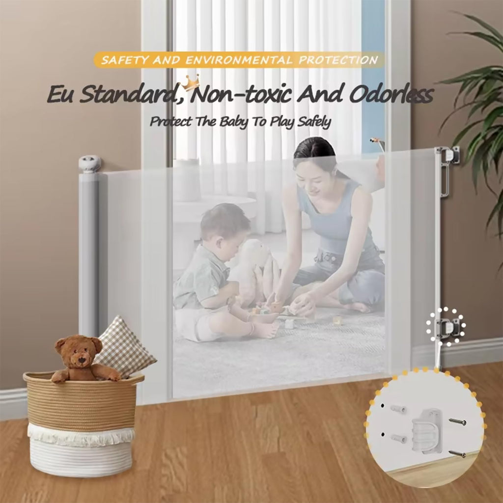 Retractable Baby Gate 87cm x 130 cm Stair Safety Gate Roll for Babies and Pets, dogs, Extendable Barrier Gates (Grey)