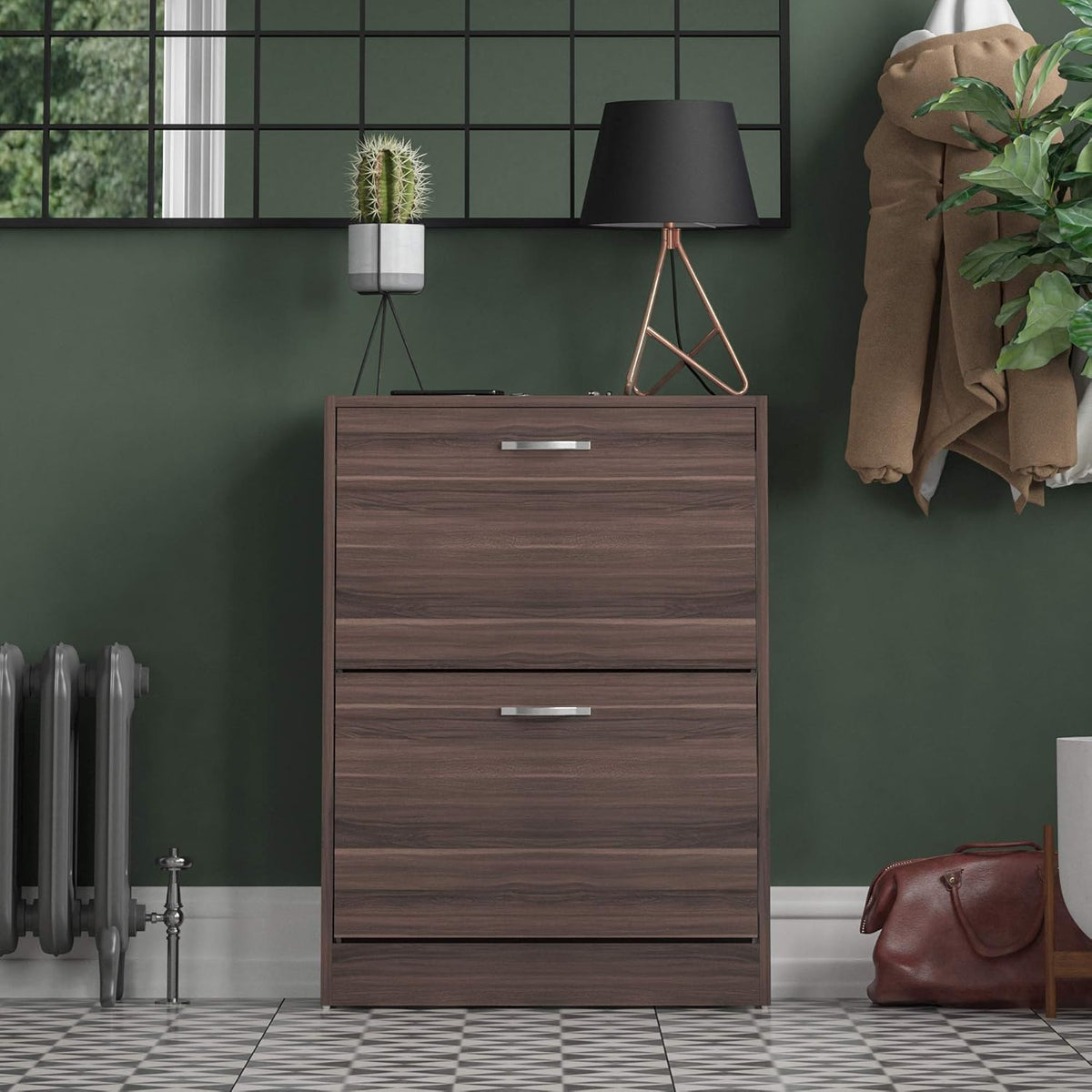 Wooden Shoe Cabinet for Hallway Entryway, Slim Dustproof Shoe Storage Unit with 2 Pull-Down Drawers, Space-Saving Multifunctional Cupboard in Walnut