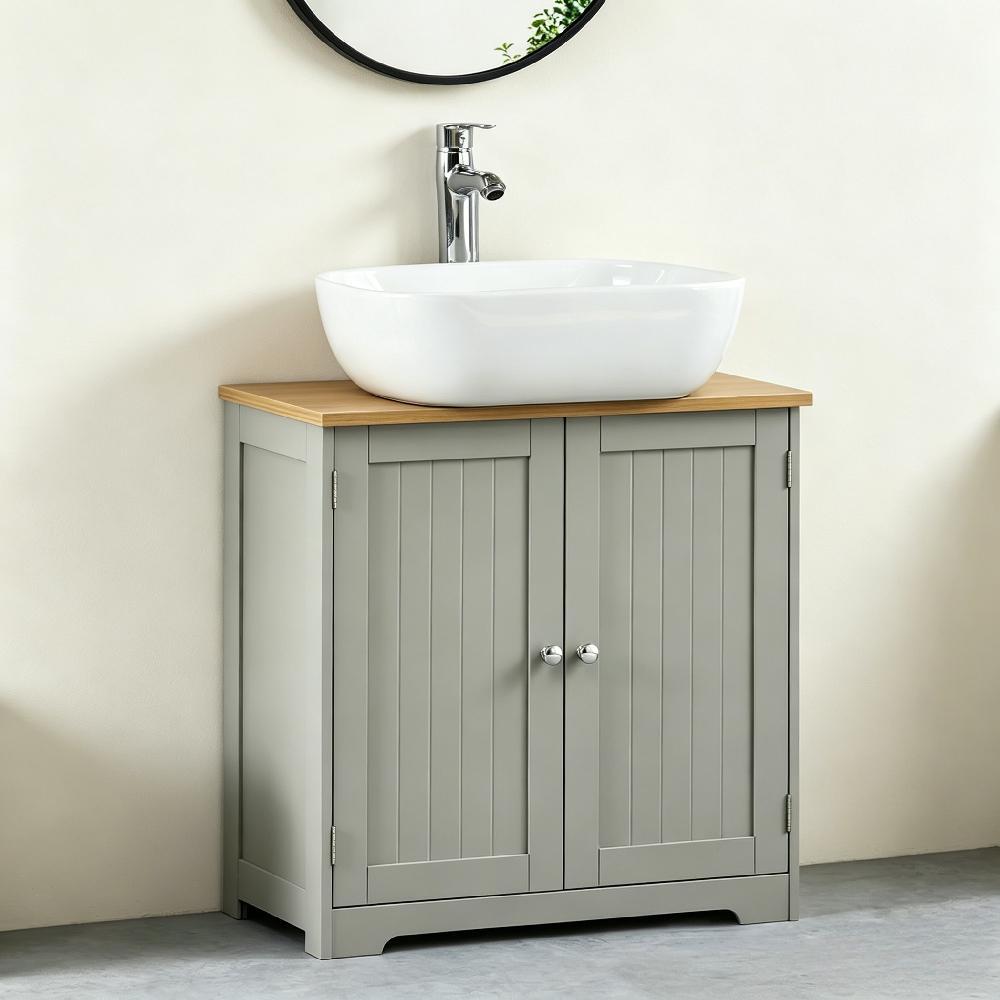 Modern Double Door Bathroom Cabinet - Floor Standing Under Sink Storage Cupboard Basin Unit | Grey & Oak Effect, Multipurpose Home Organizer [Plus A Free Gift]