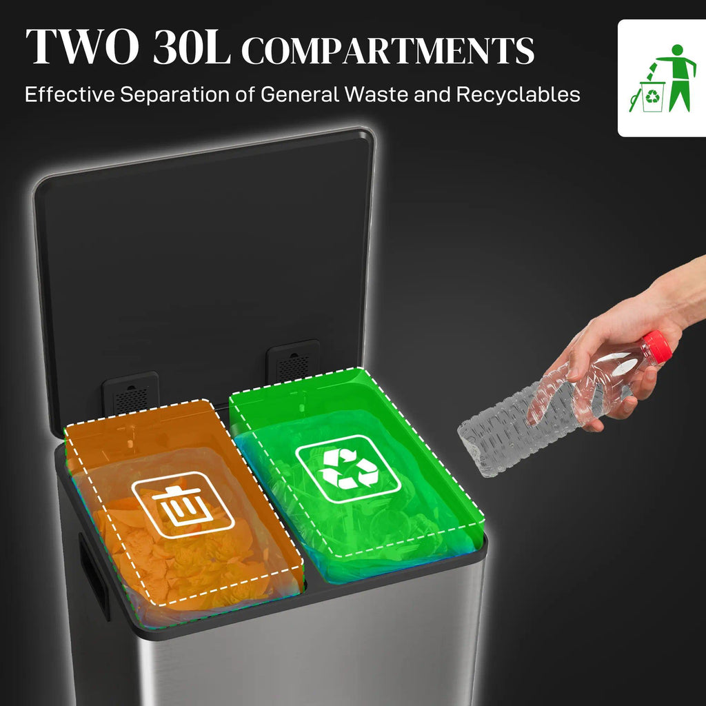 Dual Kitchen Recycling Bin, Stainless Steel Double Pedal Trash Bin with Soft‑Close Lid, Removable Inner Buckets with Handles, 2‑Compartment Sorting Waste Bin for Kitchen, Home, Apartment & Office Use