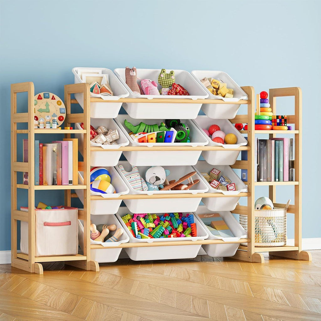 Kids Wooden Toy Storage Organizer, Toy Shelving Unit with 12 Removable Bins & 6 Open Shelves, Multi‑Purpose Children Bookcase Storage Cabinet for Playroom Bedroom Nursery
