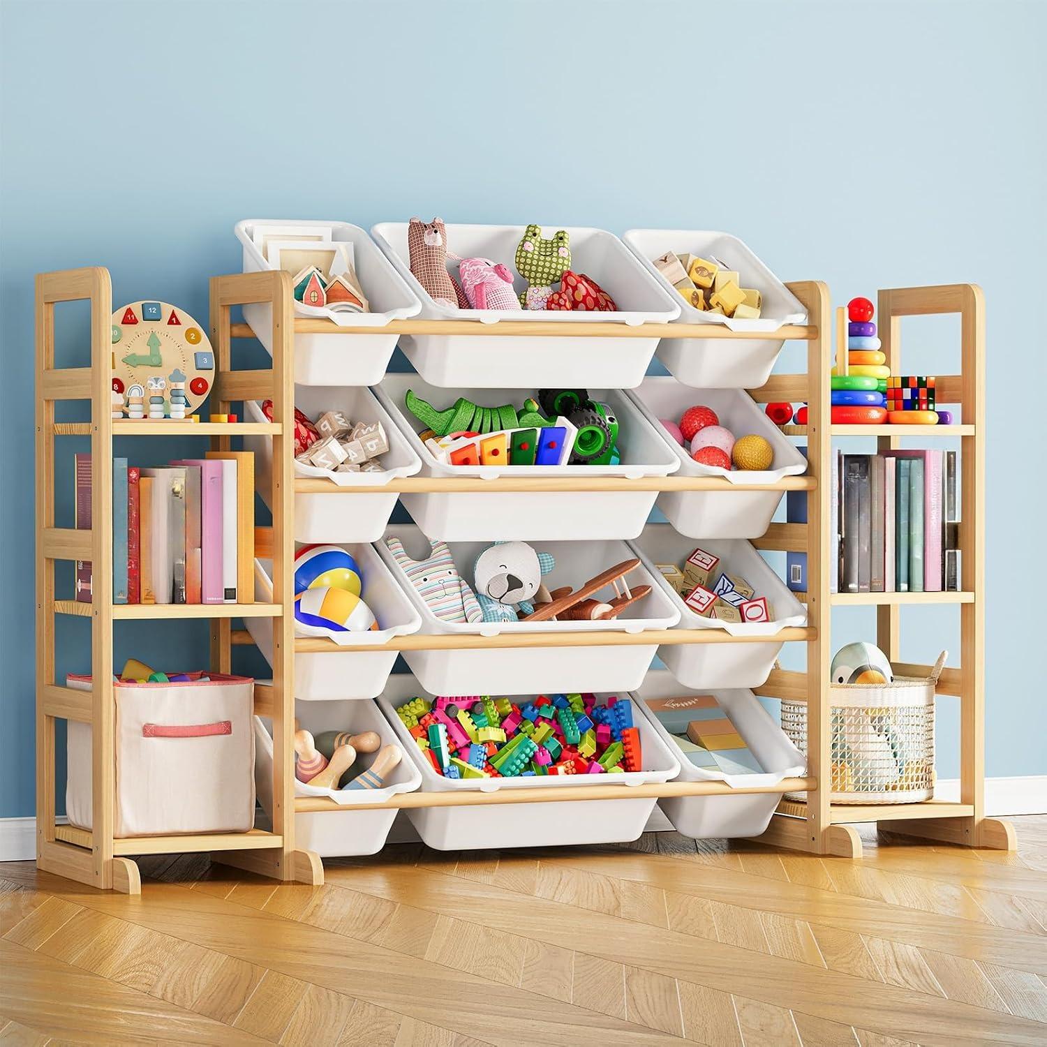 Kids Wooden Toy Storage Organizer, Toy Shelving Unit with 12 Removable Bins & 6 Open Shelves, Multi‑Purpose Children Bookcase Storage Cabinet for Playroom Bedroom Nursery