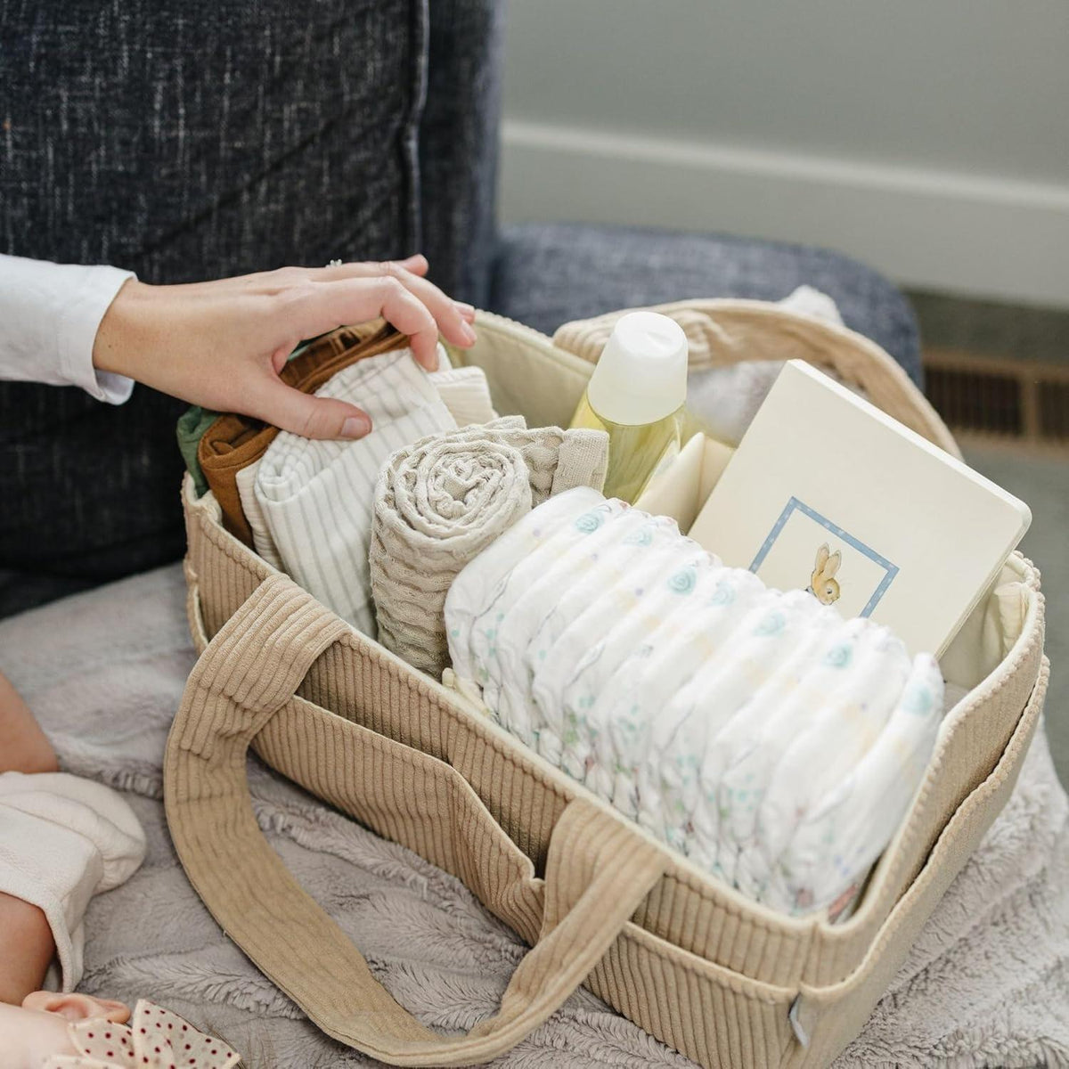 Baby Diaper Caddy Organizer for Changing Table – Stylish Nursery Storage Basket, Newborn Essentials, Baby Shower Gifts and Registry Must-Haves for Boy or Girl, Car Diaper Caddy, Corduroy Mocha