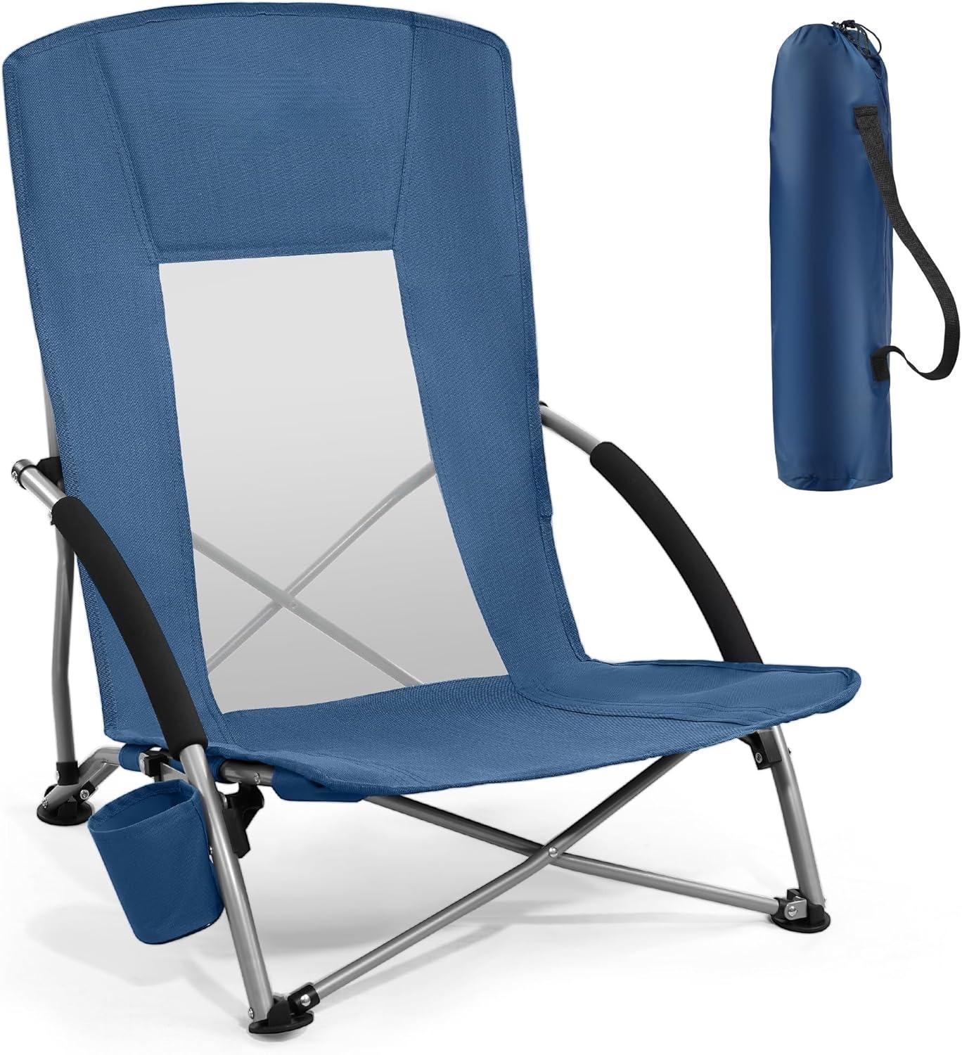 CZHMBM Folding Beach Chairs Low Lightweight Portable for Adults Foldable Beach Seat Camping Festival Picnic Deck Chair Outdoor Collapsible with Cupholder Mesh Back Padded Armrests Supports 150KG