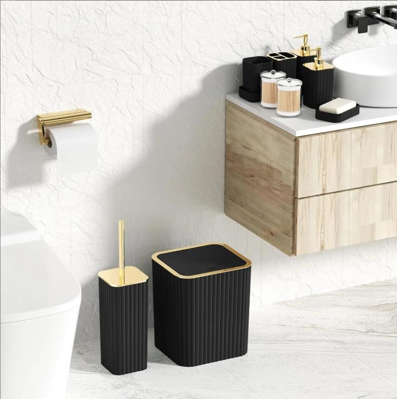 10-Piece Black Gold Bathroom Accessories Set, Complete Bathroom Organizer Kit with Trash Can, Toilet Brush, Toothbrush Holder, Soap Dispenser, Soap Dish, Rinse Cup, Cotton Swab & Cotton Ball Storage Jars for Countertop Decor