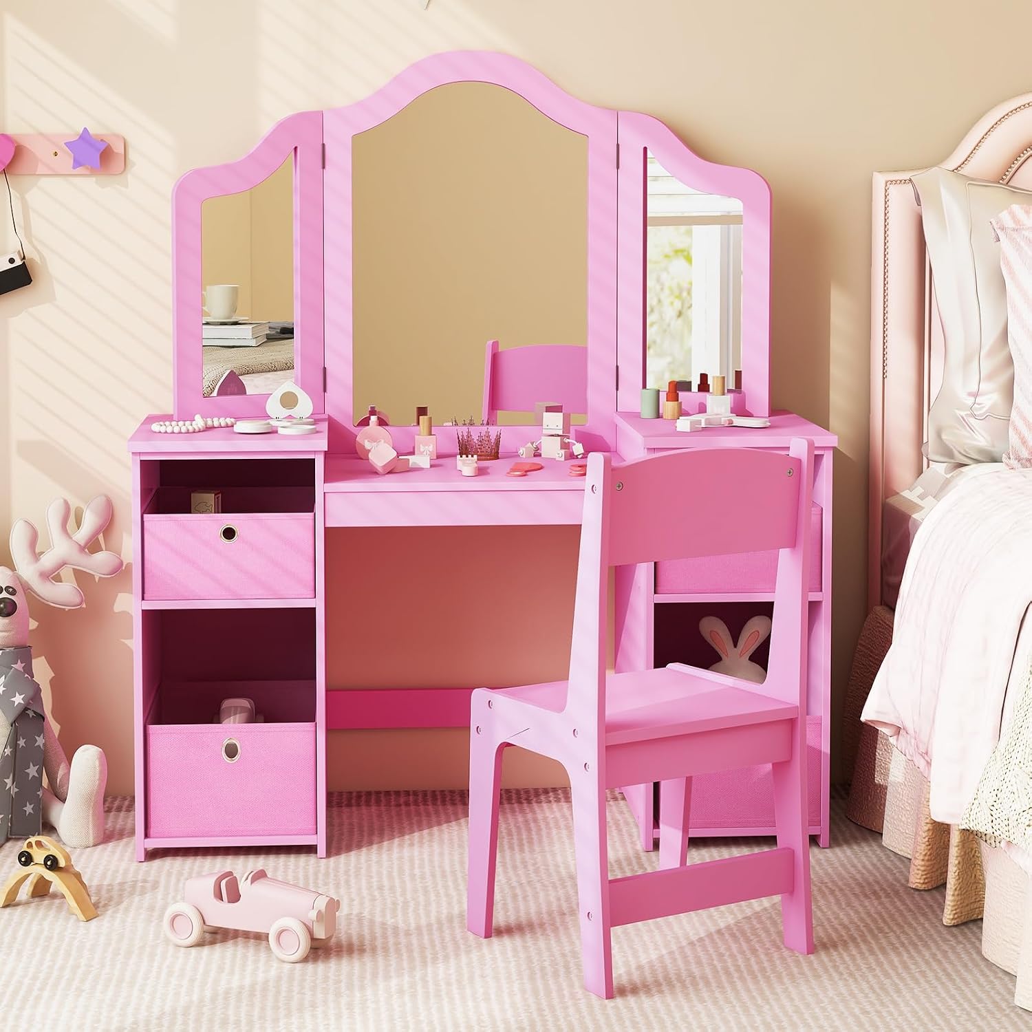 `2‑in‑1 Kids Vanity Table Set, Princess Dressing Desk with Removable Tri‑Fold Mirror, 4 Fabric Storage Bins & Matching Chair, Wooden Pretend Makeup Dresser for Girls for Bedroom Playroom Age 3+`