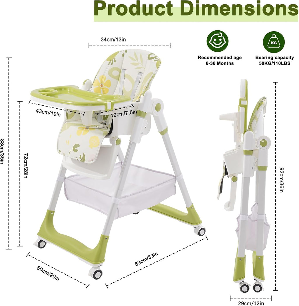 Adjustable Luxury Foldable Highchair - 5-Position Height, 3 Recline & Easy-Clean Tray | Grow-with-Me Baby Chair from 6 Months to 3 Years [Plus A Free Gift]