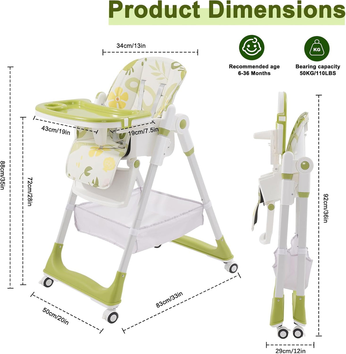 Adjustable Luxury Foldable Highchair - 5-Position Height, 3 Recline & Easy-Clean Tray | Grow-with-Me Baby Chair from 6 Months to 3 Years [Plus A Free Gift]