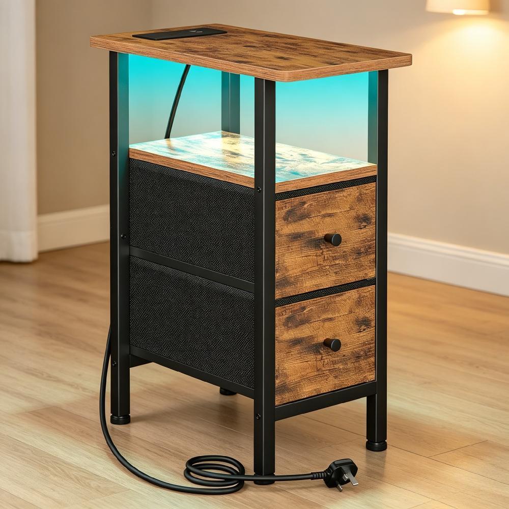 Slim Bedside Table with Charging Station and LED Lights, Narrow Nightstand with 2 Fabric Drawers for Small Spaces, Black End Table for Living Room and Bedroom