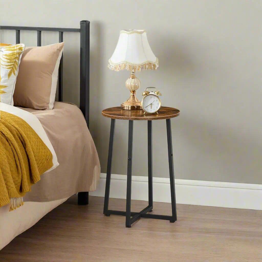 Industrial Round End Table, Small Bedside Nightstand with X‑Shaped Metal Frame, Multifunctional Accent Side Table, Plant Stand for Living Room, Bedroom & Hallway