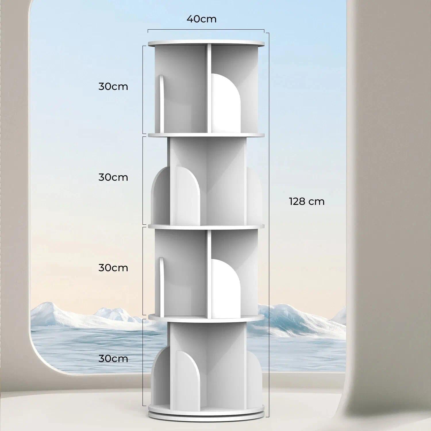 360° Rotating 4-Tier Bookshelf, Space-Saving Spinning Book Tower with Open Display Shelves, Freestanding Storage Rack for Living Room Bedroom Study Home Office, Easy Assembly Sturdy Floor Unit [Plus A Free Gift]
